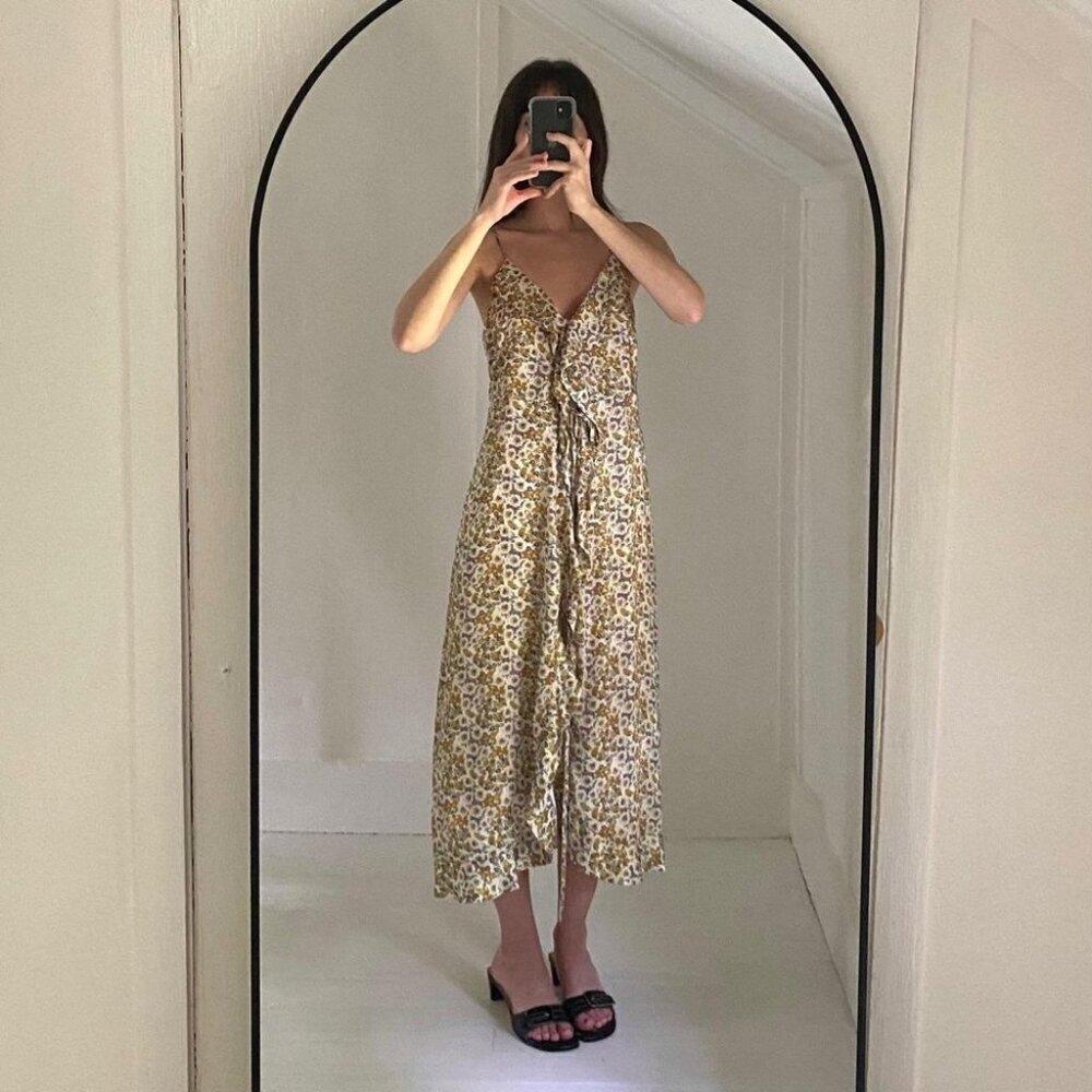 Heartloom Floral Yellow Midi Dress  Smocked Back Ruffle Hem Adjustable Straps XS